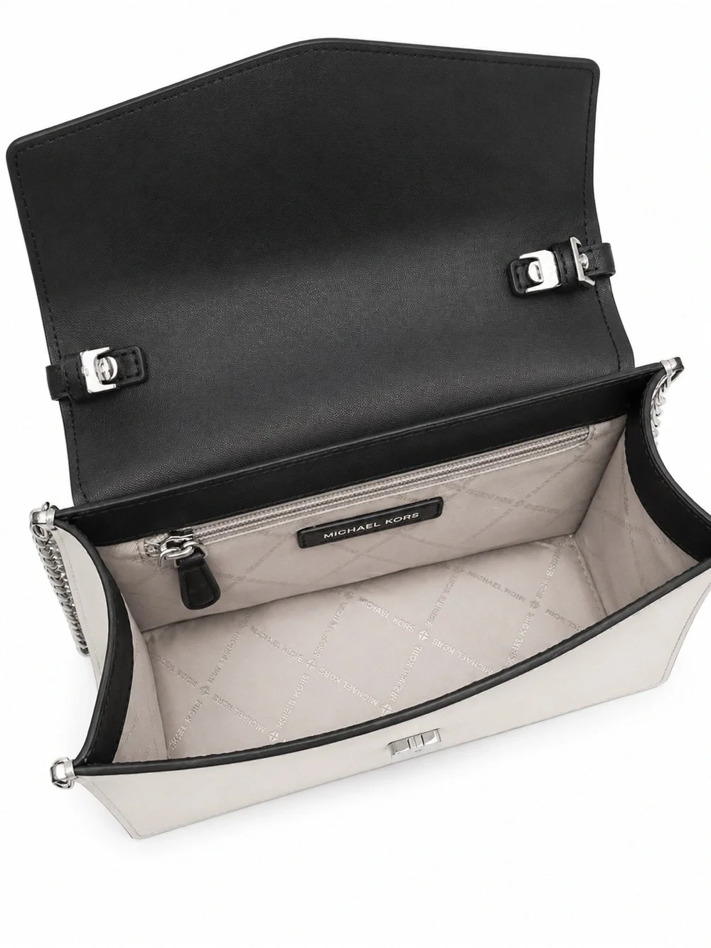 Michael Kors Black and Cream Structured Top-Handle Satchel with crossbody strap